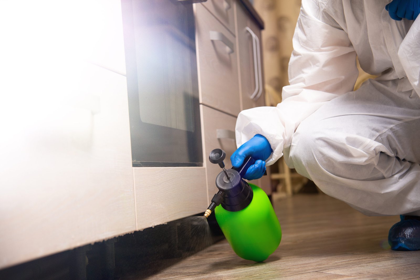 Spray gun with pesticides close-up. An exterminator in work clothes sprays pesticides from a spray bottle. Fight against insects in apartments and houses. Disinsection of premises