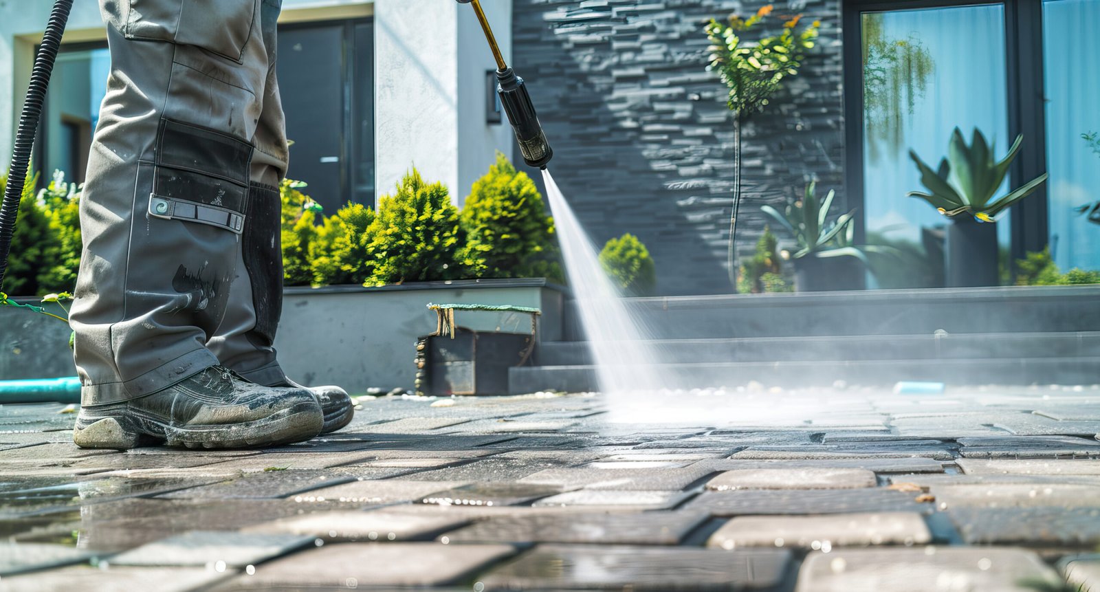 A man washes paving stones in his yard with a pressure washer close-up